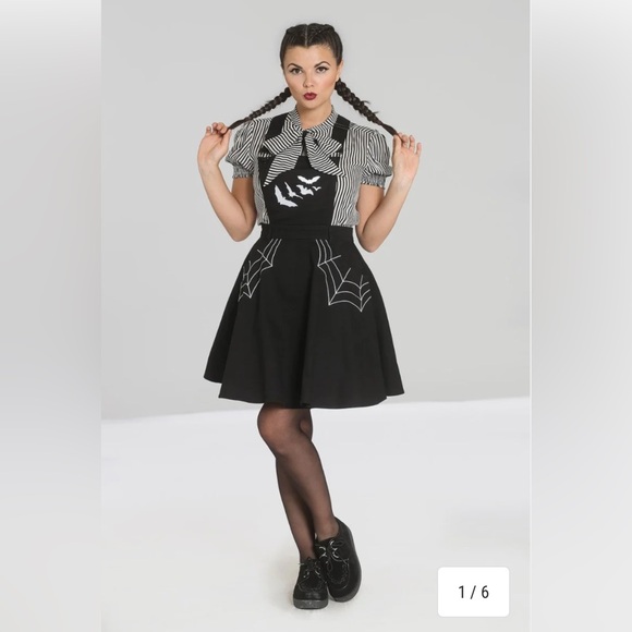 Hell Bunny Miss Muffet Pinafore Black Dress with Spider Web and Bat Design - Picture 3 of 6
